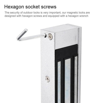 Fail-Safe Magnetic Lock for Securing Wooden and Glass Doors showing hexagon socket screws and included hex wrench
