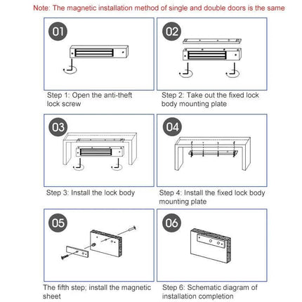 Fail-Safe Magnetic Lock for Securing Wooden and Glass Doors installation steps diagram showing mounting plate, lock body, magnetic sheet and screw positions