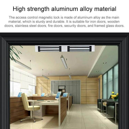 Fail-Safe Magnetic Lock for Securing Wooden and Glass Doors installed above an office doorway, aluminum alloy housing holding door closed