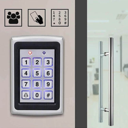 Keypad Access Control System for Secure External Entry keypad with illuminated buttons, proximity card icon, and door handle for office access