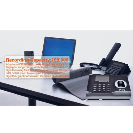 ZK Software Fingerprint Attendance Device for Office Tracking on desk with handset and monitor illustrating office attendance setup