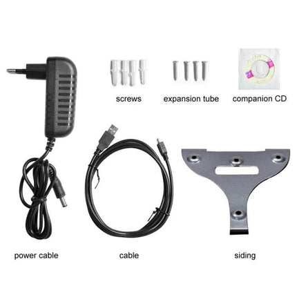 ZK Software Fingerprint Attendance Device for Office Tracking accessories kit: power cable, USB cable, screws, expansion tubes, siding bracket, companion CD