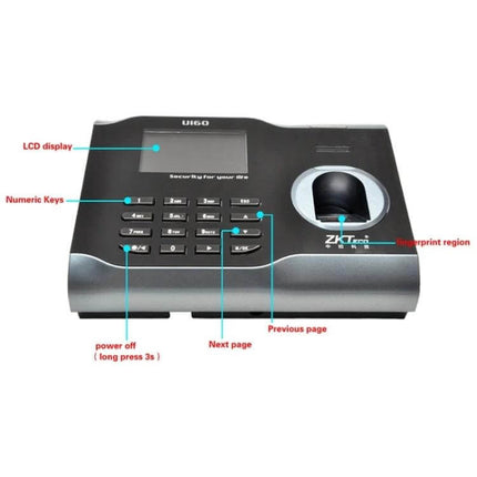 ZK Software Fingerprint Attendance Device for Office Tracking showing keypad, LCD, and fingerprint sensor for employee check-ins