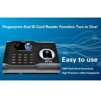ZK Software Fingerprint Attendance Device for Office Tracking showing black fingerprint timeclock with keypad and screen, easy-to-use attendance terminal