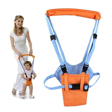 Baby Walking Harness Leash Adjustable for Learning to Walk - orange blue supportive harness with curved handle for guided baby walking