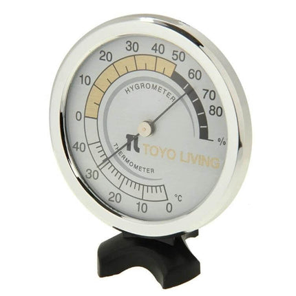 Indoor Thermometer and Hygrometer Dual Readout for Home and Office compact round dial showing temperature and humidity readings on a stand