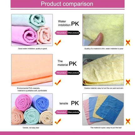 KANEED Synthetic Chamois Towel for Car Drying, Super Absorbent - PVA chamois comparison showing colors, texture, absorbency and tensile strength