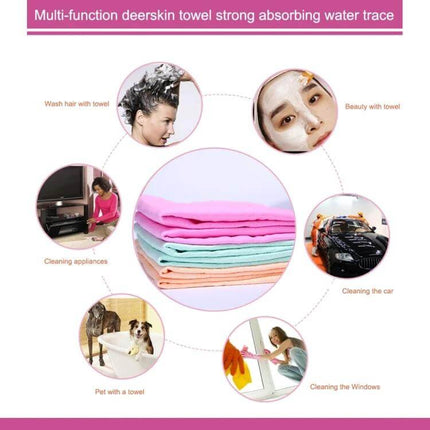 KANEED Synthetic Chamois Towel for Car Drying, Super Absorbent - stack of colorful PVA towels showing multiuse: car drying, hair, beauty, cleaning, pets, windows