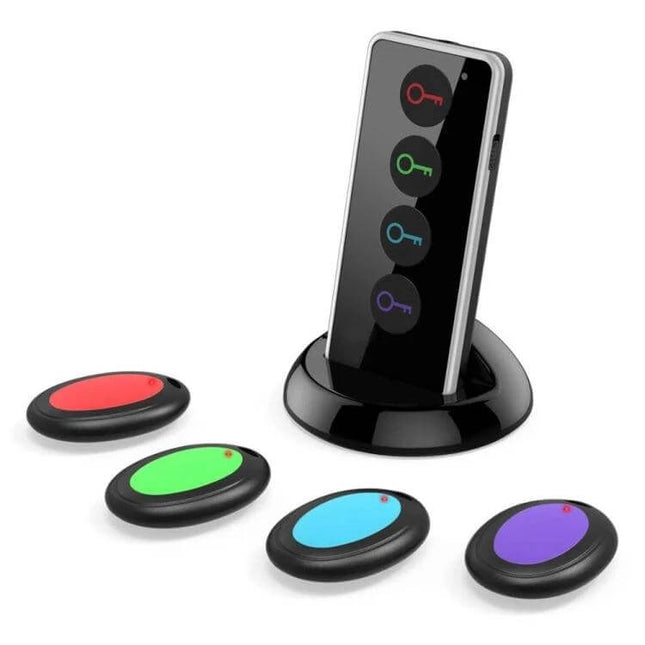 Wireless Smart Key Finder with LED Flashlight and Receivers - transmitter with color-coded buttons and four receiver tags on charging stand