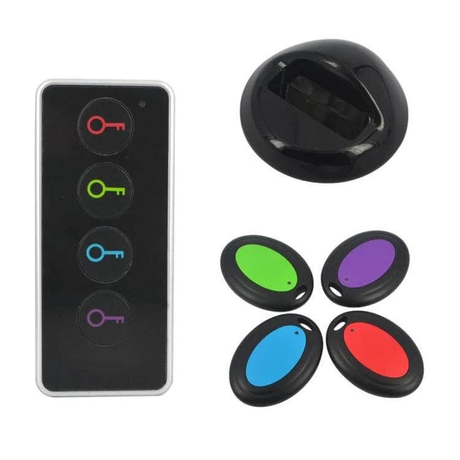 Wireless Smart Key Finder with LED Flashlight and Receivers showing remote transmitter, black receiver base and four colorful oval key fobs