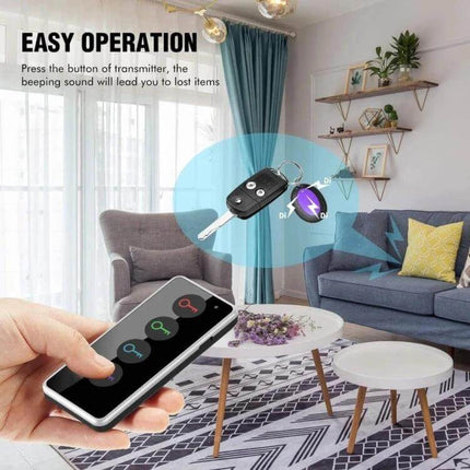 Wireless Smart Key Finder with LED Flashlight and Receivers showing transmitter being used to locate keys in a living room