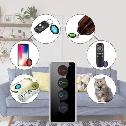 Wireless Smart Key Finder with LED Flashlight and Receivers showing remote transmitter and multiple colorful receiver tags attached to keys, phone, pet, glasses and remote