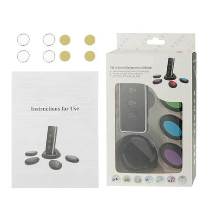 Wireless Smart Key Finder with LED Flashlight and Receivers showing transmitter, multiple receivers, adhesive pads and instruction manual