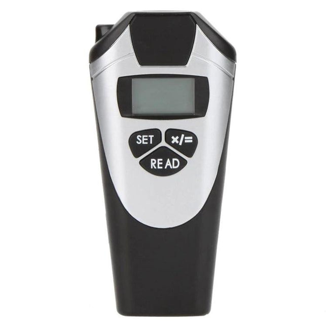 Ultrasonic Distance Measurer with Laser Pointer for Quick Room Checks handheld device front view with LCD and buttons
