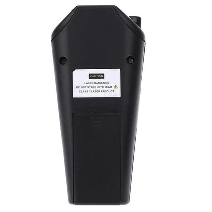 Ultrasonic Distance Measurer with Laser Pointer for Quick Room Checks back view showing battery compartment and warning label