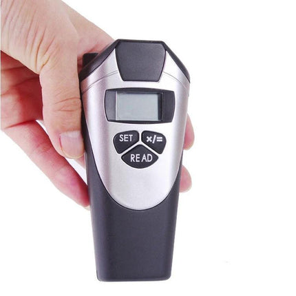 Ultrasonic Distance Measurer with Laser Pointer for Quick Room Checks - handheld device showing display and read/set buttons held in hand