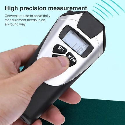 Ultrasonic Distance Measurer with Laser Pointer for Quick Room Checks handheld device in use showing digital display and buttons