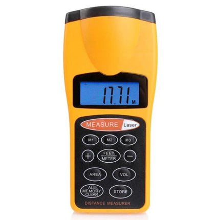 Ultrasonic Distance Measurer with Laser Pointer for Indoor Use - yellow handheld device showing 17.71 m on blue display