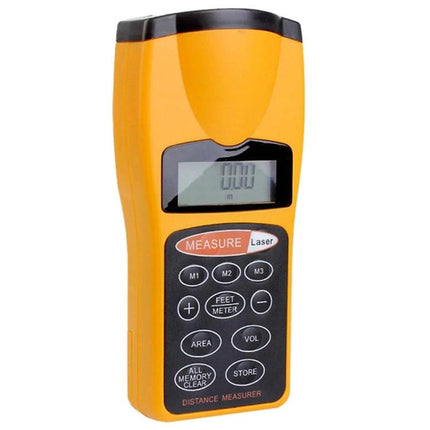 Ultrasonic Distance Measurer with Laser Pointer for Indoor Use - yellow handheld distance measurer showing LCD and keypad