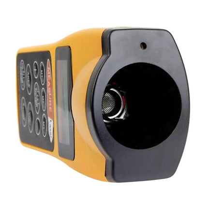 Ultrasonic Distance Measurer with Laser Pointer for Indoor Use showing front sensor, keypad and display for quick indoor measurements