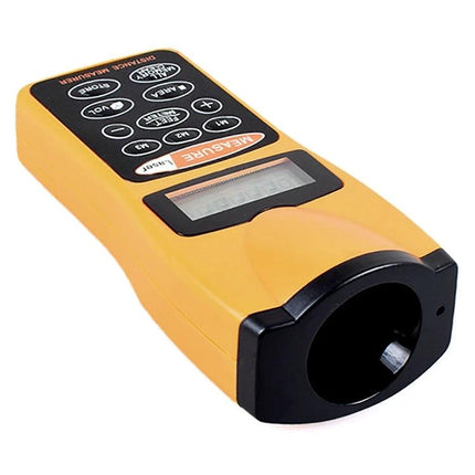 Ultrasonic Distance Measurer with Laser Pointer for Indoor Use handheld yellow device for indoor room dimension and area measurements