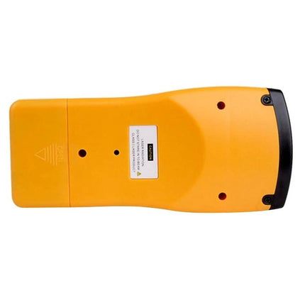 Ultrasonic Distance Measurer with Laser Pointer for Indoor Use showing yellow handheld back view, compact design for room measurements