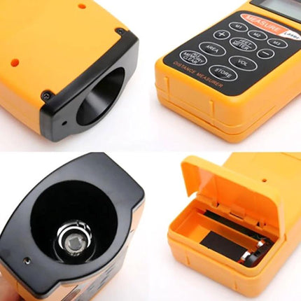 Ultrasonic Distance Measurer with Laser Pointer for Indoor Use handheld yellow device showing buttons, sensor and battery compartment