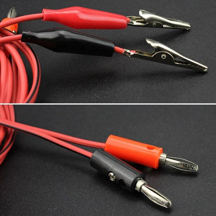 Banana Plug to Alligator Clip Wire Test Cable, 1 Meter – red and black silicone leads with banana plugs and metal alligator clips for circuit testing