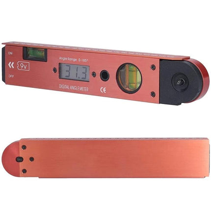 Digital Angle Meter with Spirit Level for Precision Measurements showing red digital angle meter with display and bubble level