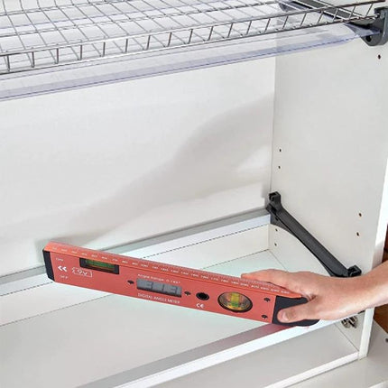 Digital Angle Meter with Spirit Level for Precision Measurements measuring cabinet shelf with digital display and bubble vial
