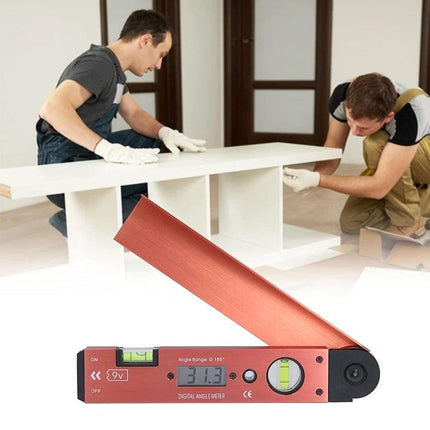 Digital Angle Meter with Spirit Level for Precision Measurements - red digital angle finder with bubble level and display used for furniture assembly