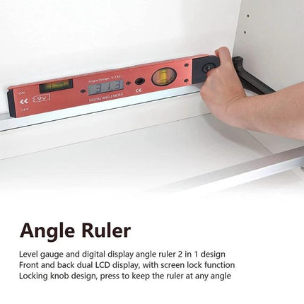 Digital Angle Meter with Spirit Level for Precision Measurements — hand using digital level on shelving with clear LCD and bubble vial