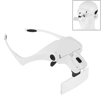 Adjustable Headband Magnifier with LED Lights and Multiple Lenses showing white adjustable headband, built-in LEDs and interchangeable lenses for close work