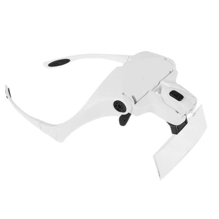 Adjustable Headband Magnifier with LED Lights and Multiple Lenses shown on white background for crafting, reading, and electronics repair
