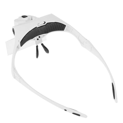Adjustable Headband Magnifier with LED Lights and Multiple Lenses showing white adjustable frame, built-in LEDs and interchangeable lenses for close work
