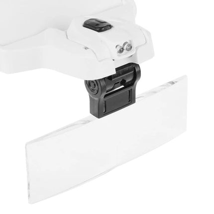 Adjustable Headband Magnifier with LED Lights and Multiple Lenses showing detachable lens and LED lights for close-up work
