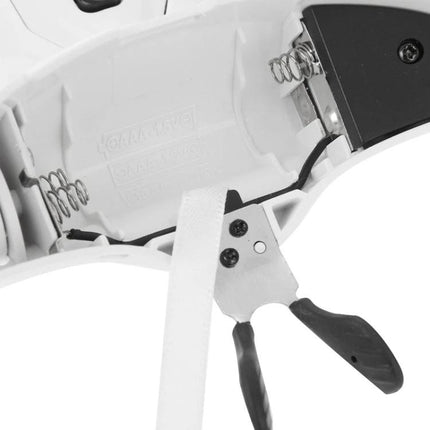 Adjustable Headband Magnifier with LED Lights and Multiple Lenses showing internal battery compartment and tools