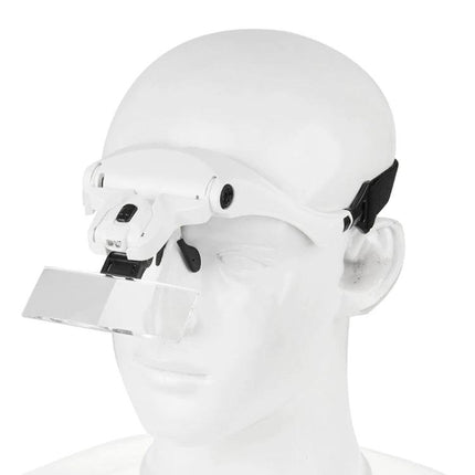 Adjustable Headband Magnifier with LED Lights and Multiple Lenses on white mannequin showing interchangeable lenses and LED illumination
