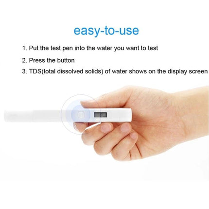 Xiaomi Compact Water Quality Tester for Everyday Home Use handheld TDS pen showing easy-to-use steps and display