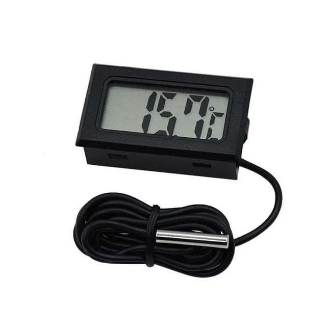 Mini LCD Fridge Freezer Thermometer With One Meter Cable showing digital LCD display and 1m probe for refrigerator and freezer temperature monitoring