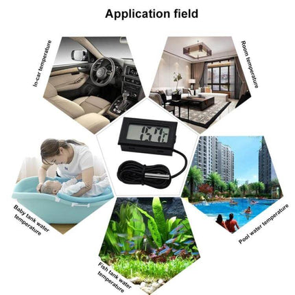 Mini LCD Fridge Freezer Thermometer With One Meter Cable showing probe, LCD display and application uses for fridge, freezer, aquarium, pool, room