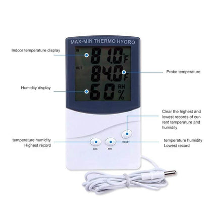 Indoor Thermometer With Hygrometer Indoor And Outdoor Temp compact 3-line LCD display shows indoor/outdoor temps, humidity, high-low records, probe