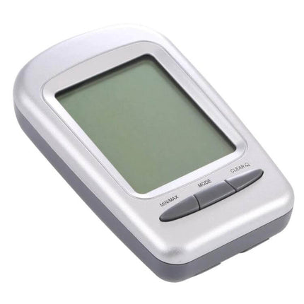 LCD Indoor Desk Thermometer Hygrometer With Date For Home And Office - compact silver LCD unit showing temperature, humidity, date and time display