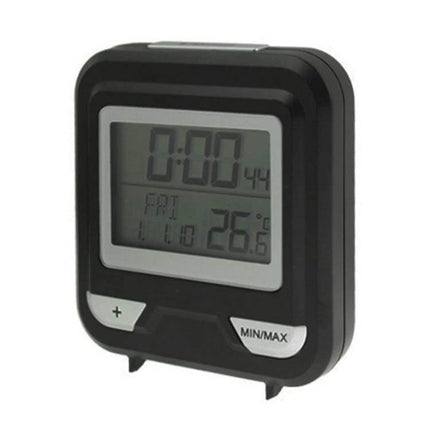 Multi Function Digital Thermometer With Indoor Temperature Clock compact black desk unit showing time, date, and 26.6°C indoor temperature