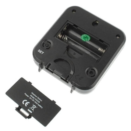 Multi Function Digital Thermometer With Indoor Temperature Clock showing open battery compartment and removable back cover