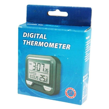Multi Function Digital Thermometer With Indoor Temperature Clock in retail blue packaging showing display with time, calendar and indoor temperature