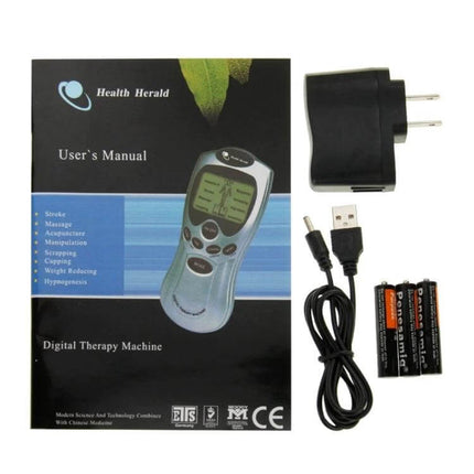 Digital Therapy Massager For Body Pain Relief At Home handheld unit with LCD, USB cable, batteries and wall charger shown on user manual