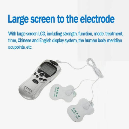 Digital Therapy Massager For Body Pain Relief At Home - handheld device with large LCD screen and two electrode pads for neck and shoulder pain relief