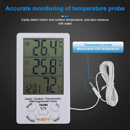 Digital LCD Hygrometer and Thermometer With Extra Sensor Cable showing indoor/outdoor temps, humidity and external probe coiled beside 4.3-inch LCD