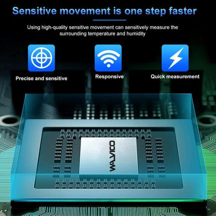 Digital LCD Hygrometer and Thermometer With Extra Sensor Cable showing circuit-board sensor, icons for precise, responsive and quick measurement